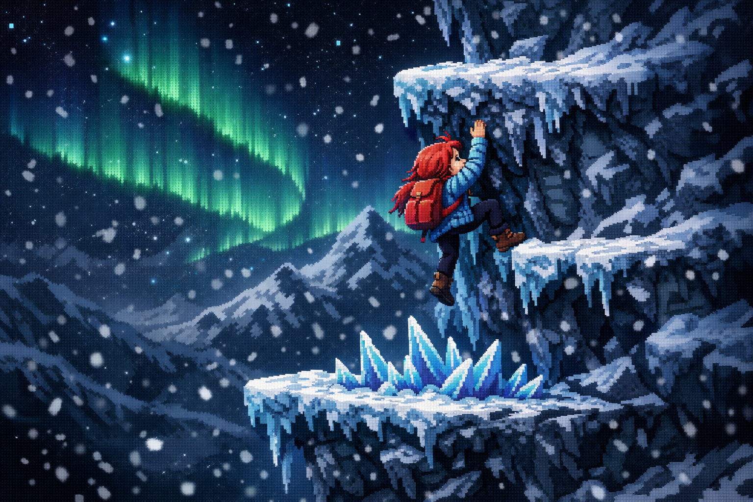 Celeste oyununda Madeline karakteri dagin zorlu bir bolumunu tirmanirken