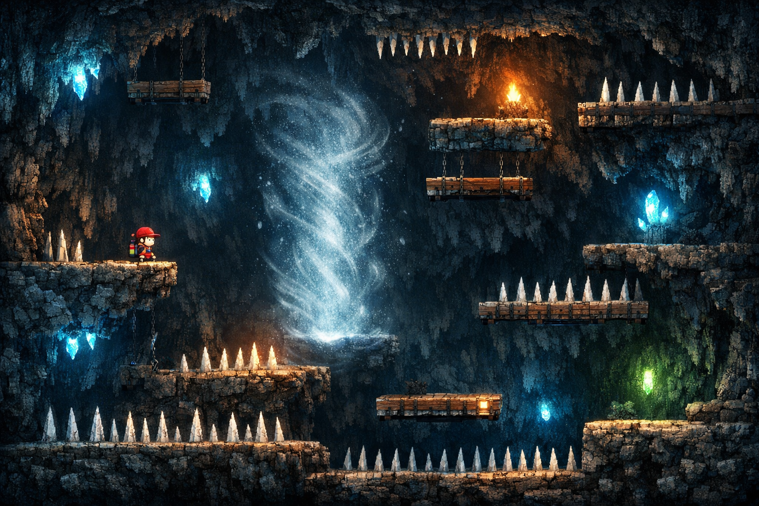 Celeste oyununda zorlu bir platform bulmacasi, dikenler ve hareketli platformlar arasinda gecis ani