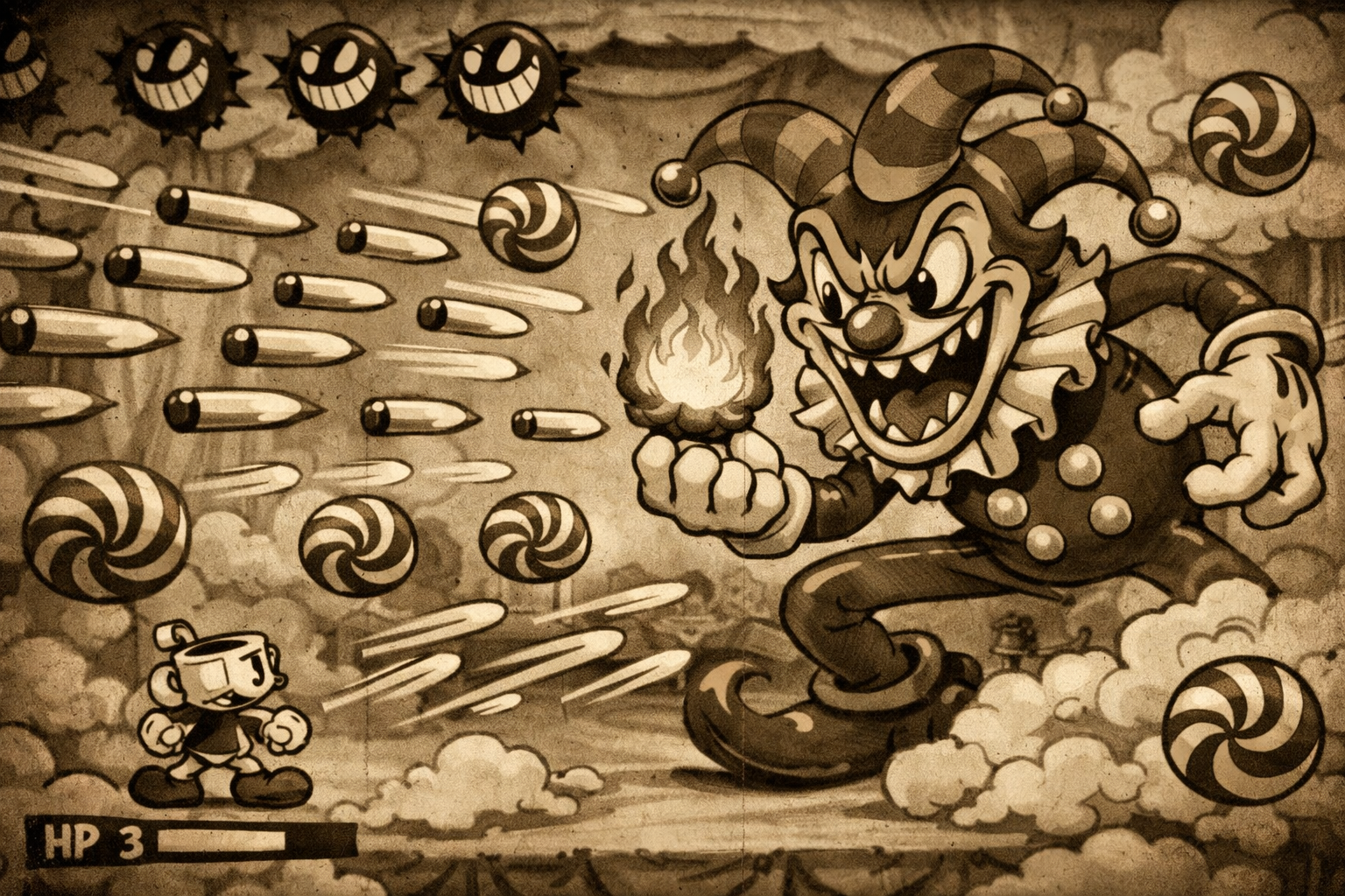 Cuphead boss savasi sirasinda kaotik ekran ve renkli saldiri kaliplari