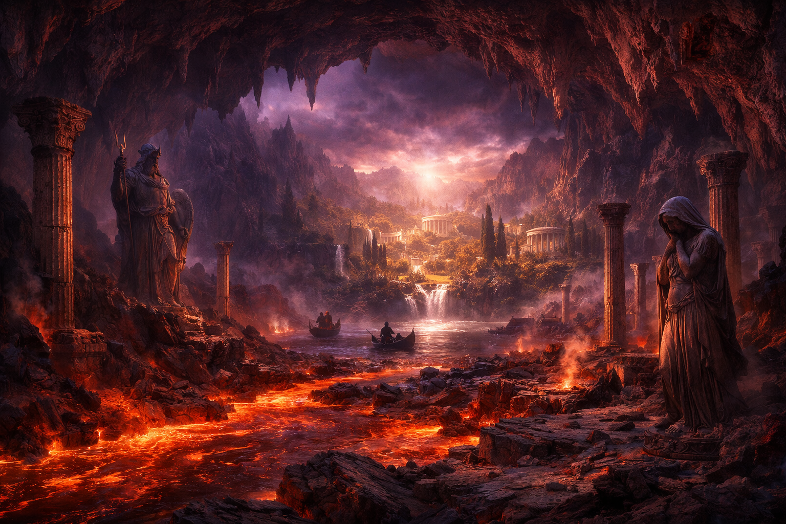 Hades oyununda yeralti dunyasinin karanlik ve gorkemli atmosferi, lav nehirleri ve antik yapilar