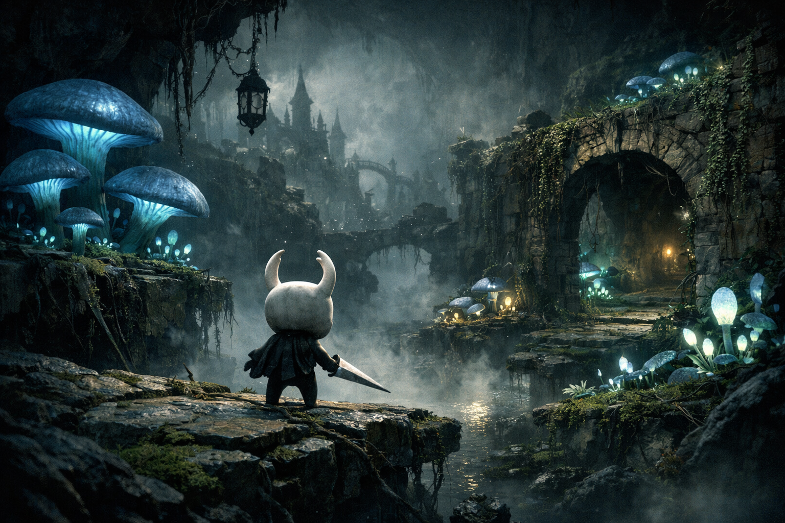 Hollow Knight oyununda karanlik ve atmosferik bir bolgeyi kesfeden oyuncu karakteri