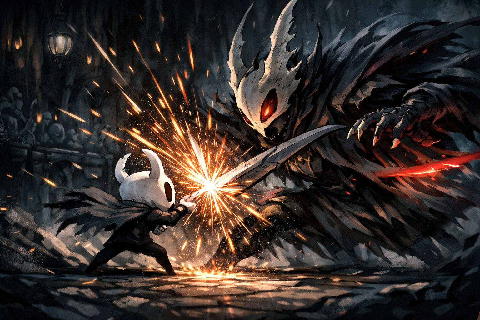 Hollow Knight oyununda bir patron savasi, yogun bir dovus ani