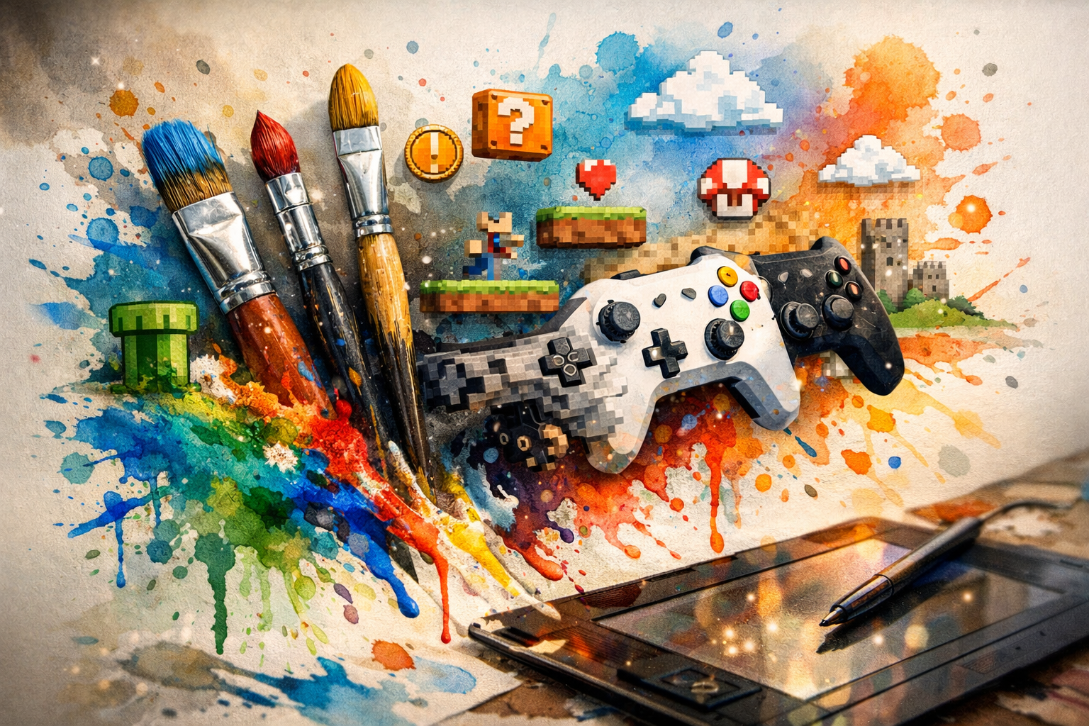 Indie oyun gelistiricilerin yaratici surecini temsil eden gorsel