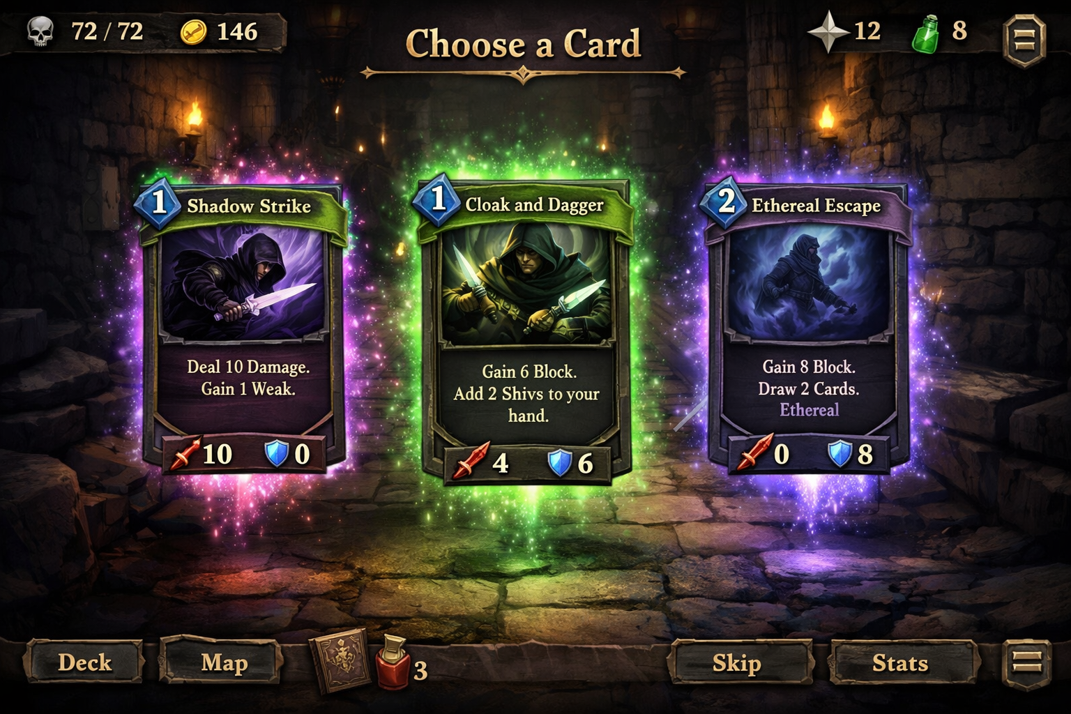 Slay the Spire oyununda kart secim ekrani, farkli saldiri ve savunma kartlari arasinda tercih ani