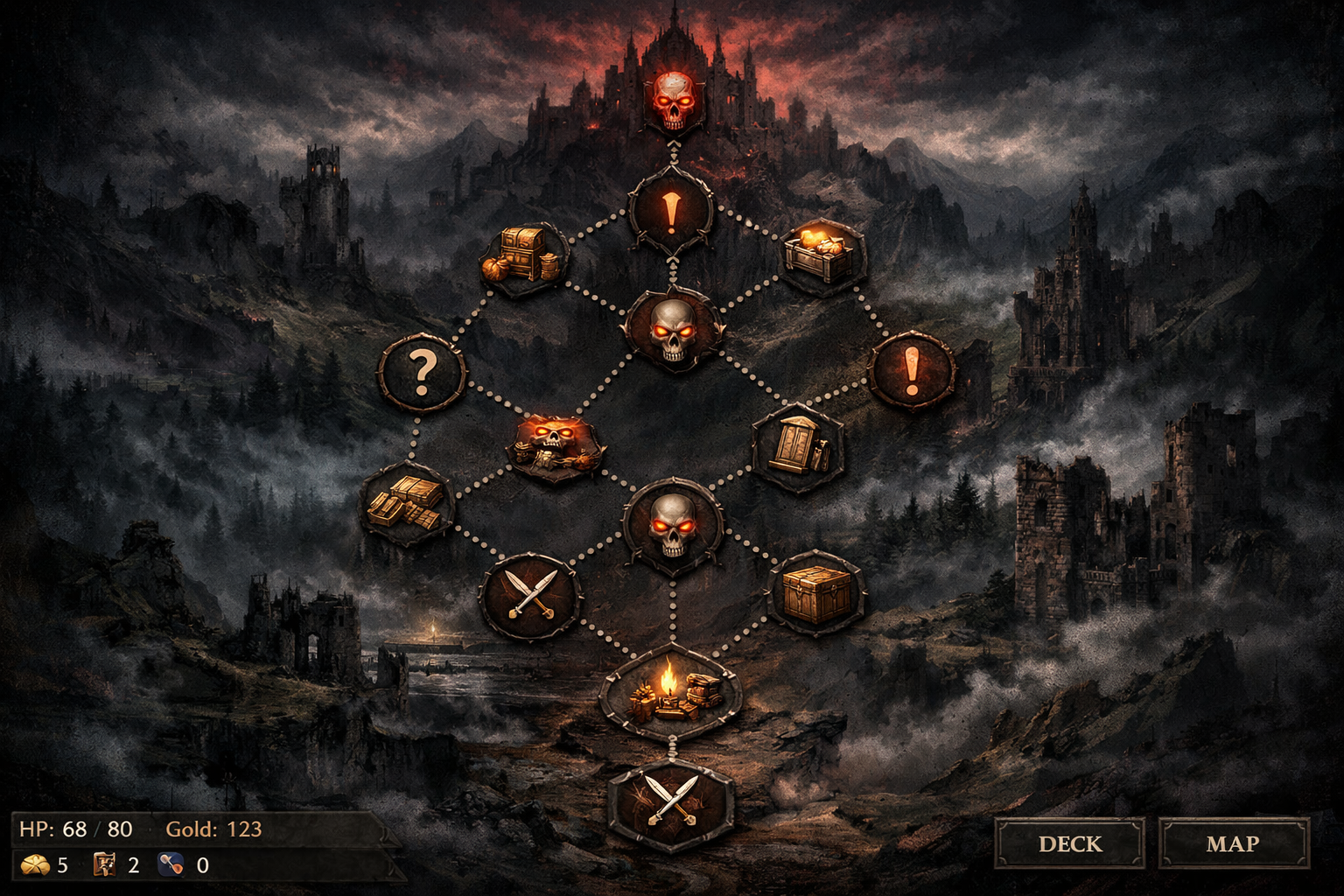 Slay the Spire oyununda harita gorunumu, farkli yol secenekleri ve strateji planlama ani