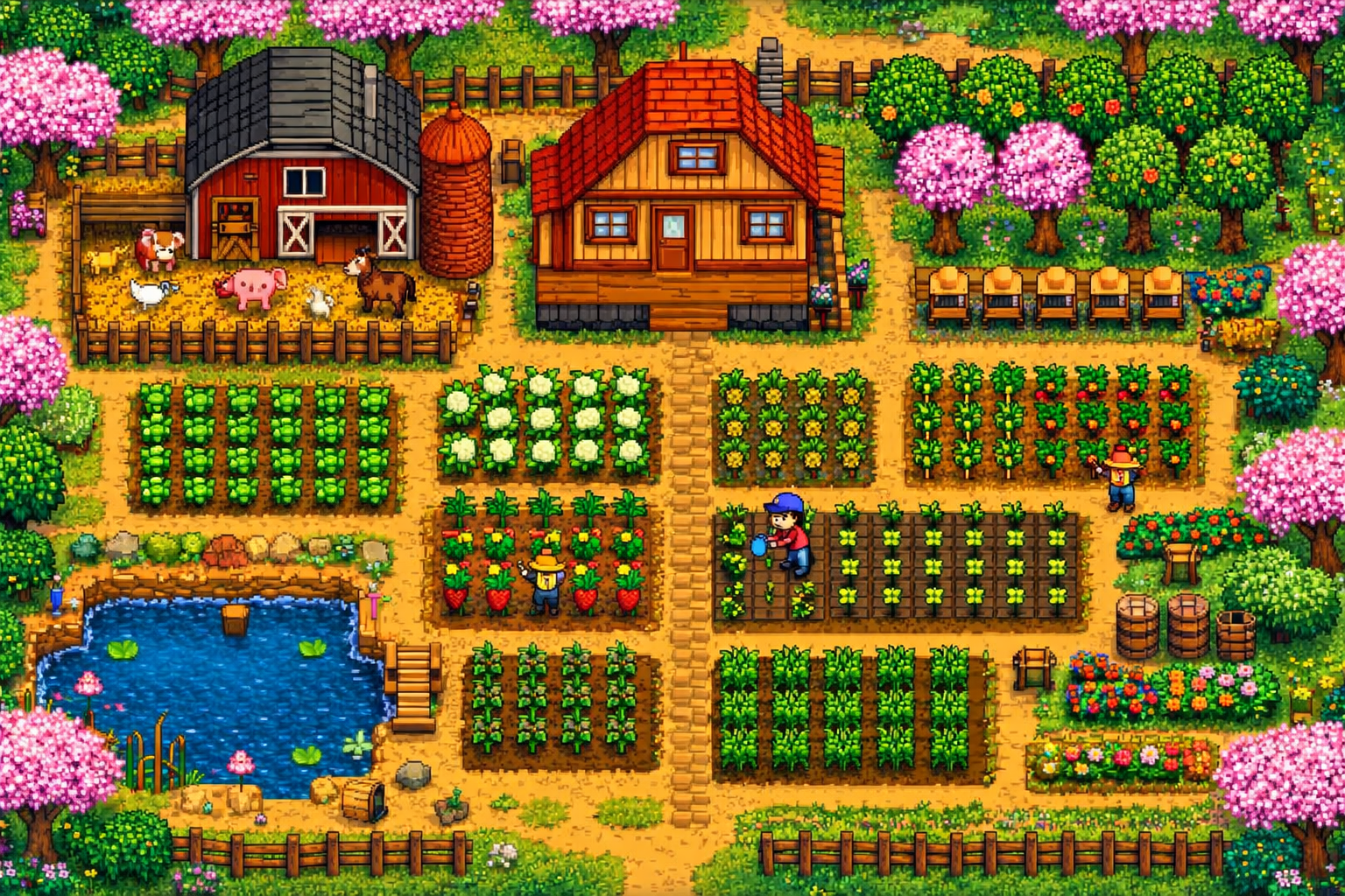 Stardew Valley ciftlik gorunumu, ekili tarlalar ve hayvan barinaklar ile dolu bir ciftlik manzarasi