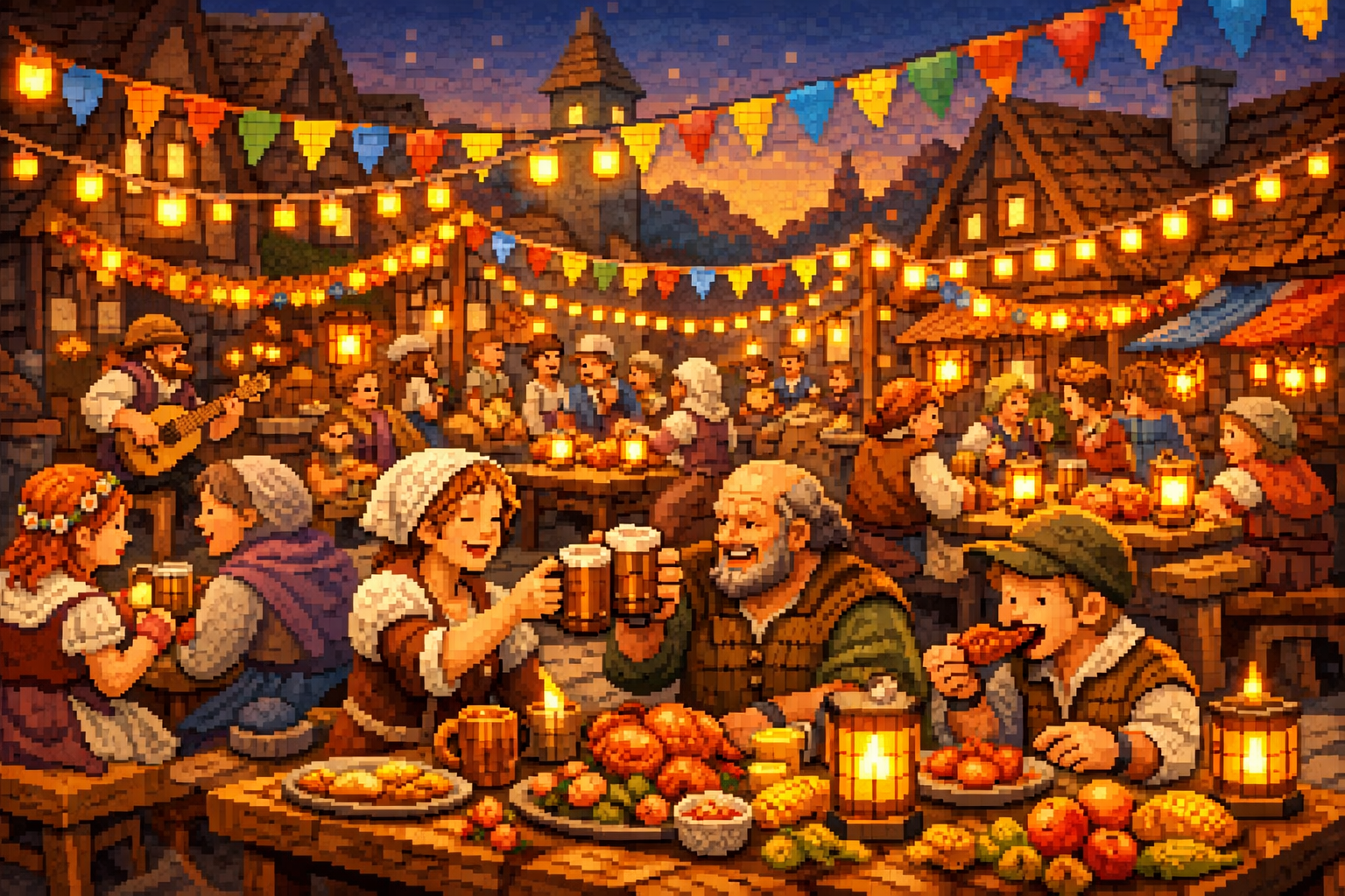 Stardew Valley kasaba meydaninda topluluk etkinligi, kasaba sakinleri bir arada