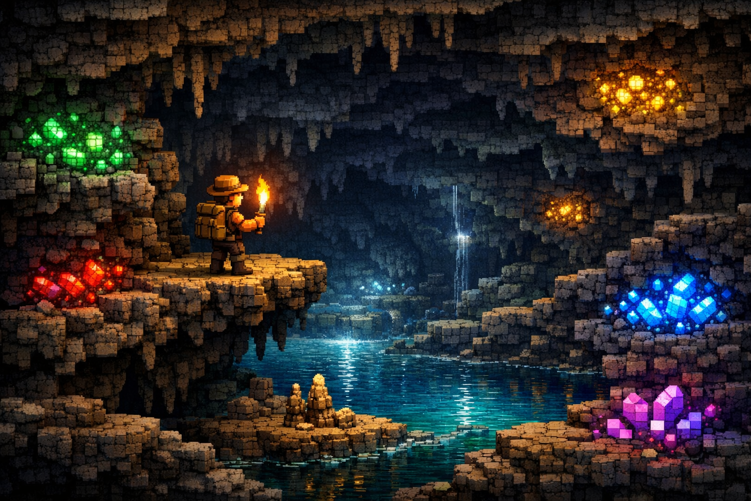 Terraria yeraltinda kesif yapan oyuncu ve renkli magaralar