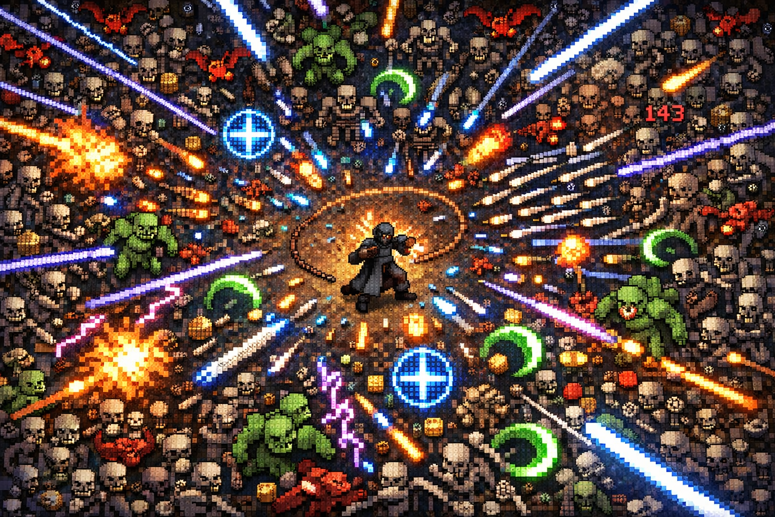 Vampire Survivors yogun aksiyon aninda ekrani kaplayan dusman dalgalari