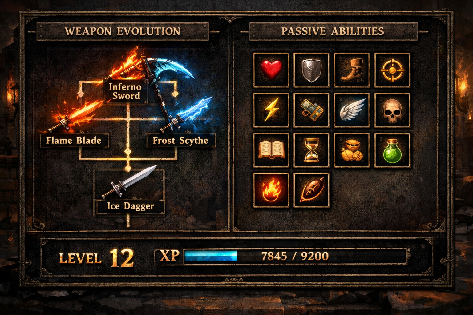 Vampire Survivors ilerleme ekrani ve karakter gelistirme secenekleri